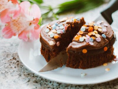 Chocolate cake cut into pieces